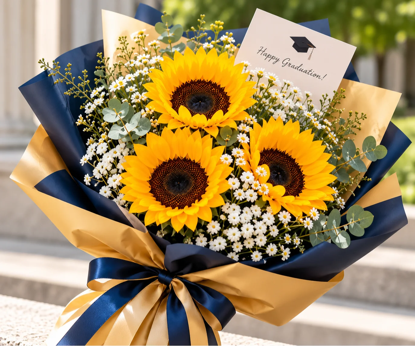 Yellow sunflower graduation bouquet with light wrapping, chosen as a bright gift for a graduate