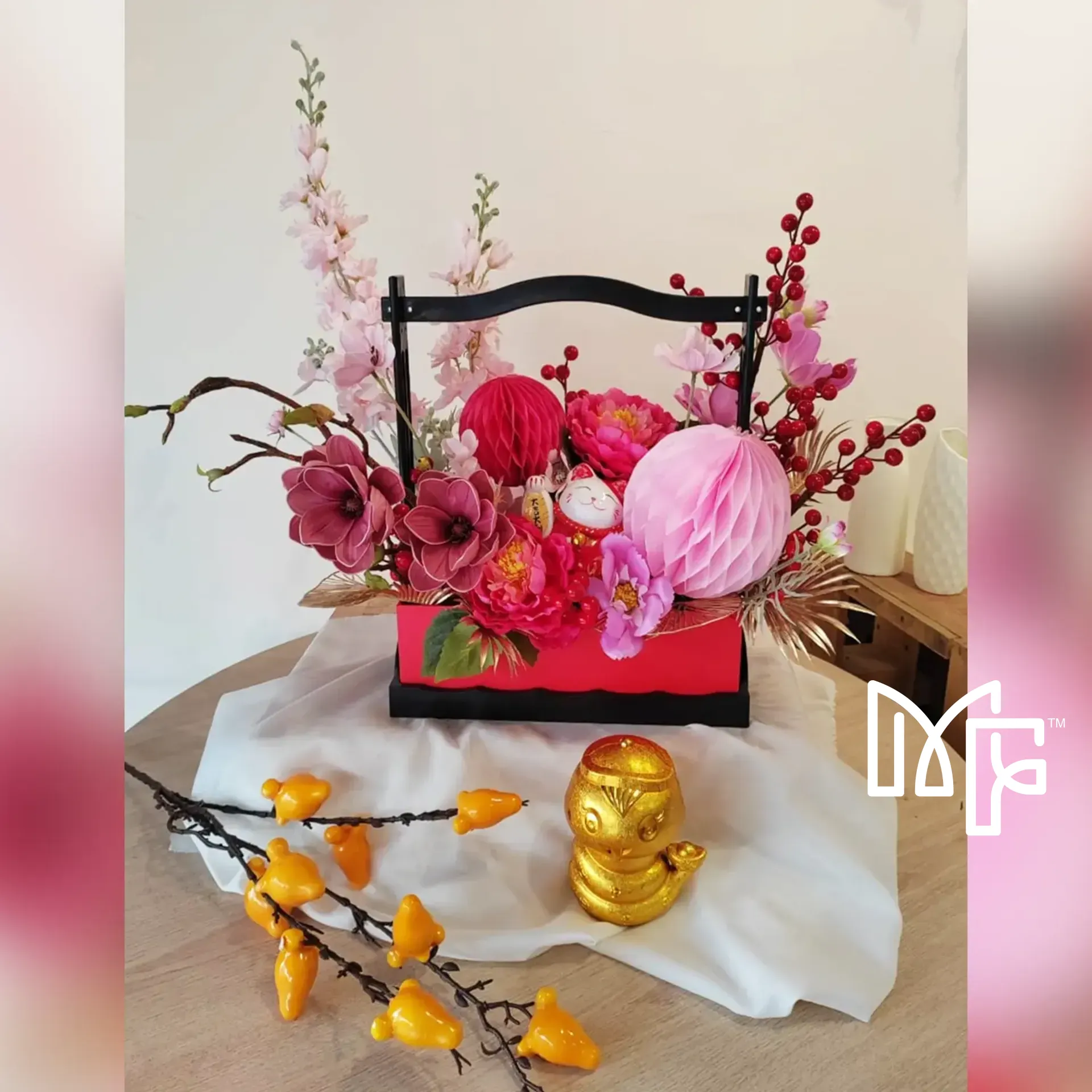 CNY Prosperity Cat Basket - Pink Theme