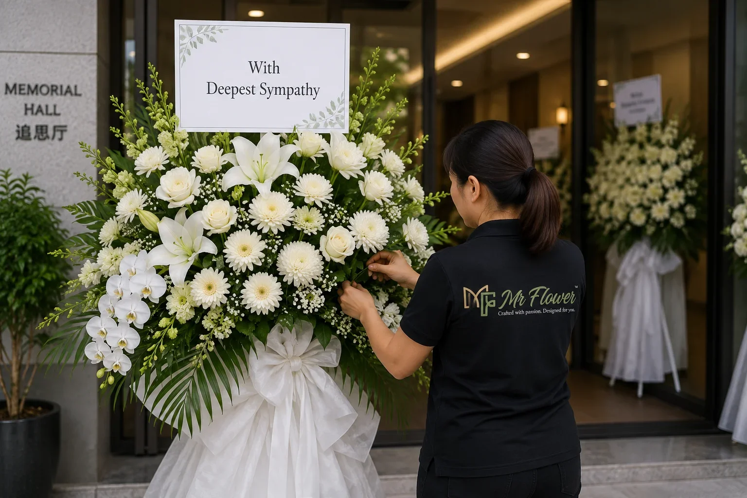 Florist preparing condolence flower delivery Klang with white lilies and chrysanthemums for a memorial hall